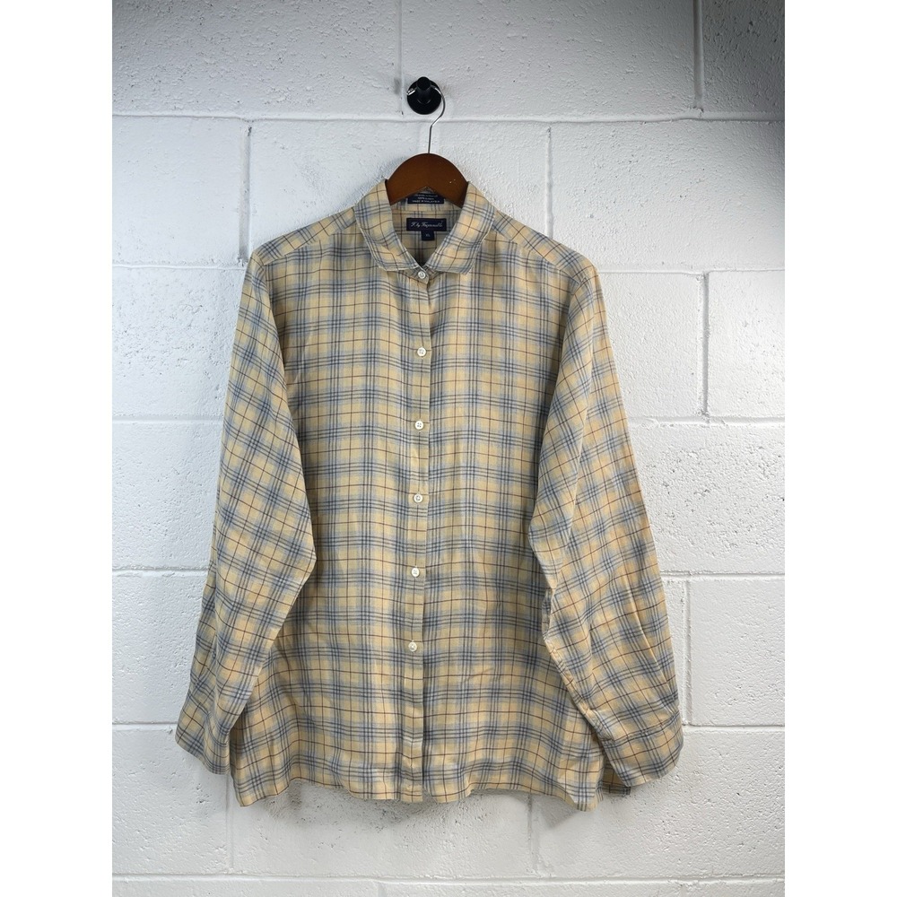 Faconnable Button Down Shirt Mens XL  Yellow  Plaid 100% Linen Long Sleeve‎